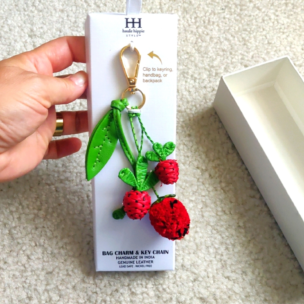 New!Handmade Haute Hippie Leather Bag Charm Red Berries Cottagecore Trendy Y2k